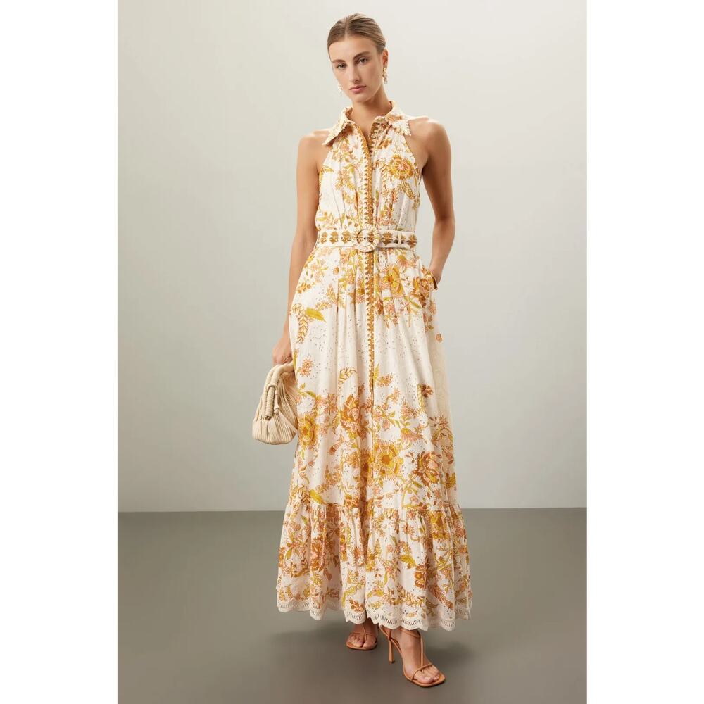 Hemant & Nandita Tora Shirt Dress Floral Eyelet Sleeveless Maxi White Yellow M